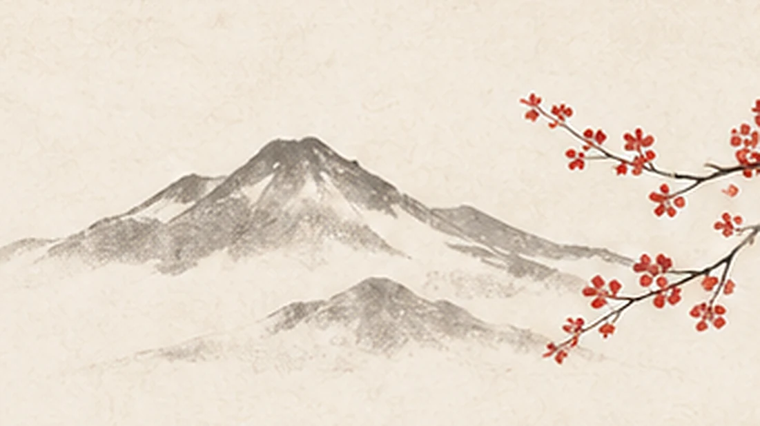 Japanese-style ink mountain and red blossom illustration