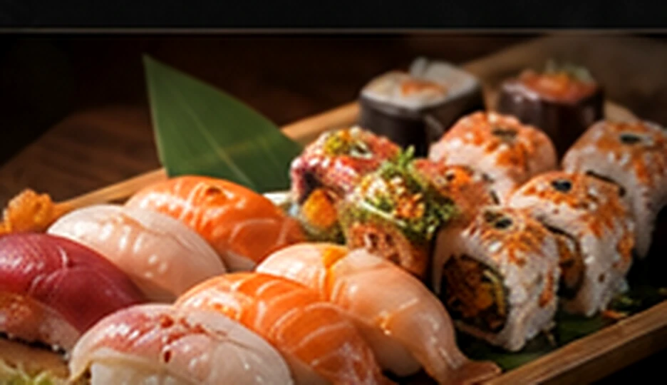 Illustrative Japanese sushi platter featuring nigiri and maki