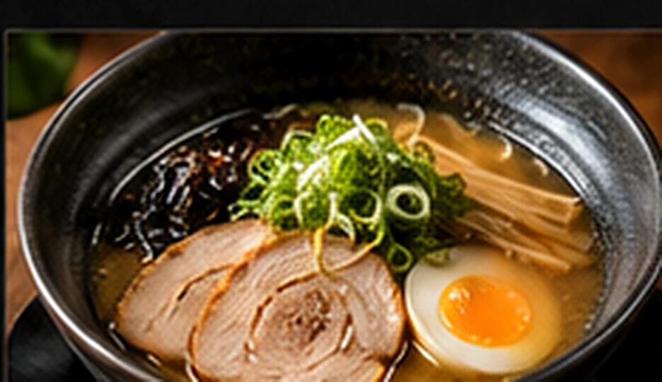 Illustrative steaming bowl of Japanese ramen with egg and noodles